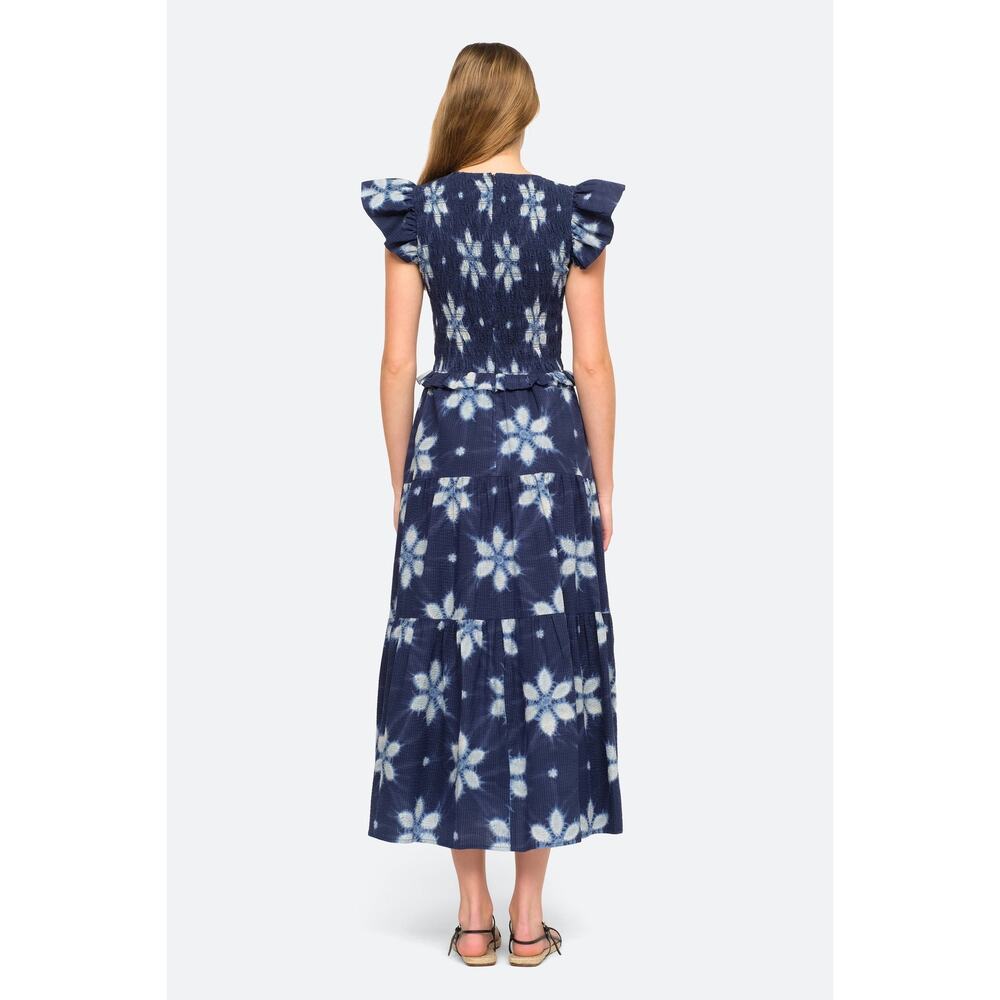 SEA Isla Midi Dress Navy Print Smocked Cotton Peasant Flutter Sleeve Women's 4 - Picture 4 of 12